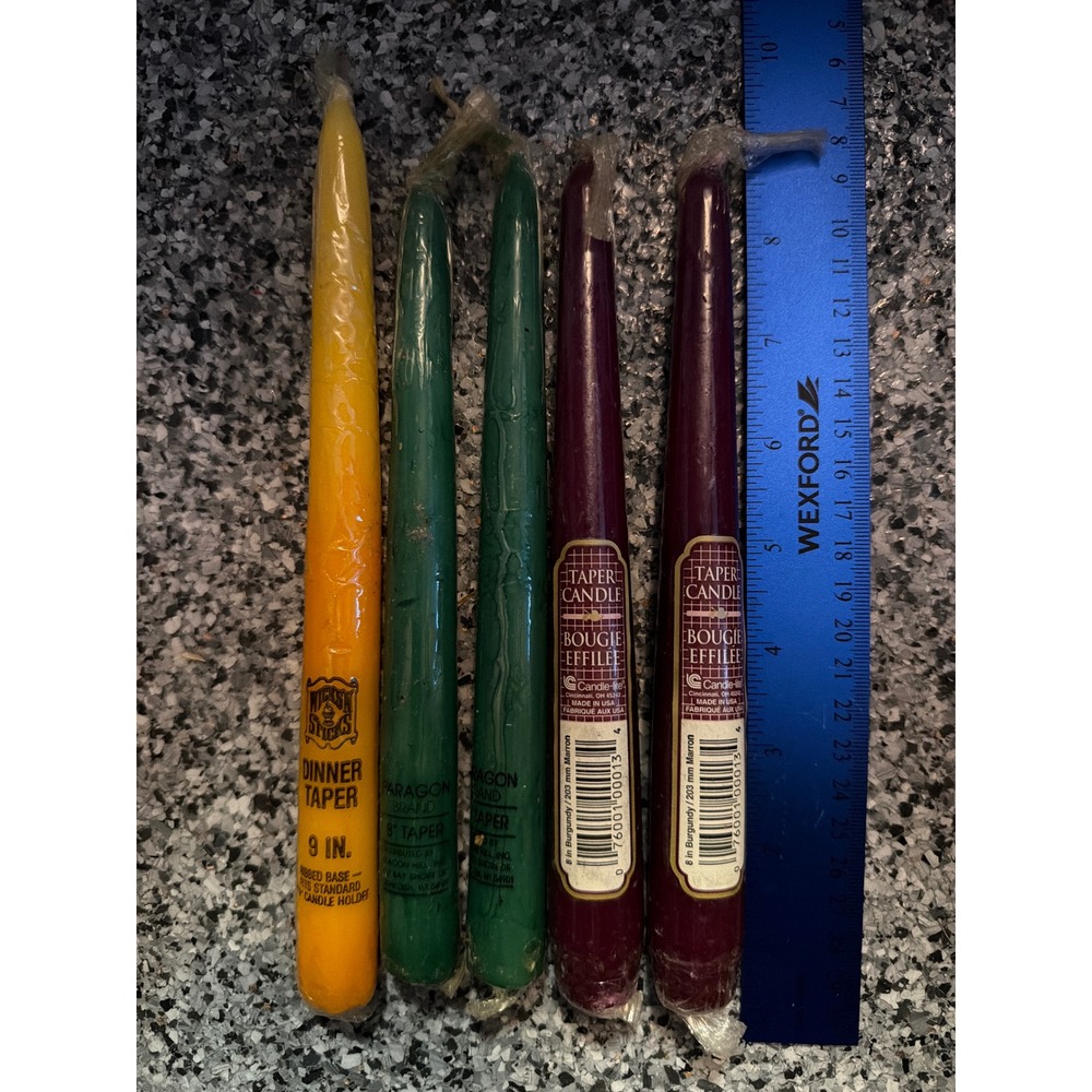 Vintage Taper Candle Lot 5pc Candle-lite Paragon Wax Burgundy Green Yellow